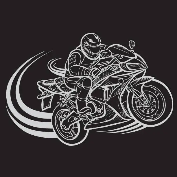 Vector illustration of stylized drawing of a man riding a motorcycle, isolated object on a black background, vector illustration,