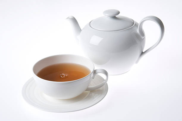 cup of tea and white teapot isolated stock photo