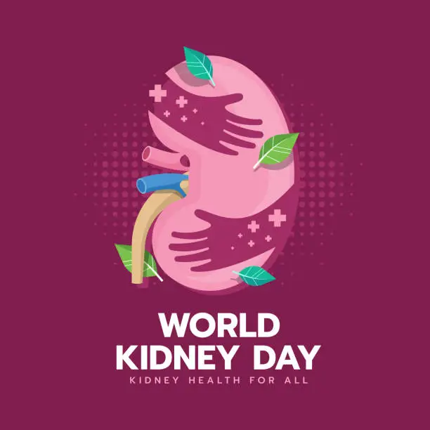 Vector illustration of World kidney day - Two hand hug pink kidney with leafs and cross plus around on dark pink background vector design