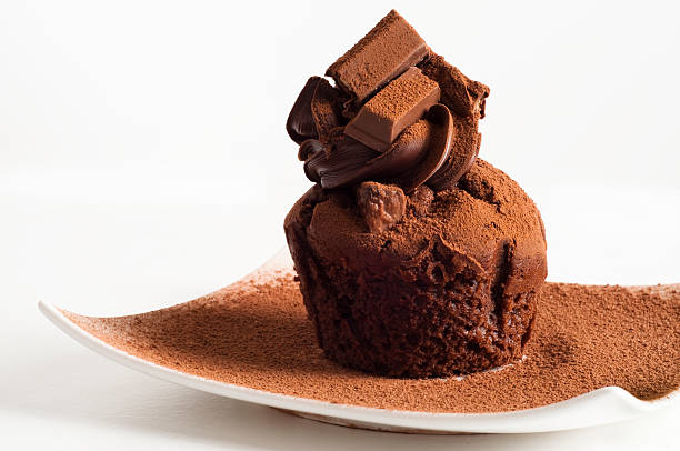 istock Chocolate muffin on white plate with cocoa powder 146782310