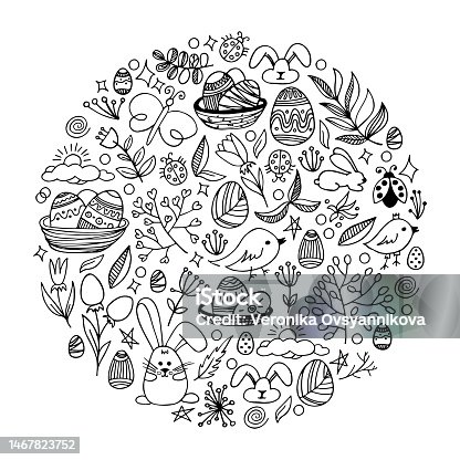 istock Vector hand drawn background. Easter pictures in doodle style. Line art illustrations for greeting card design, for design of a poster, banner, print. 1467823752
