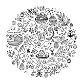 istock Vector hand drawn background. Easter pictures in doodle style. Line art illustrations for greeting card design, for design of a poster, banner, print. 1467823752
