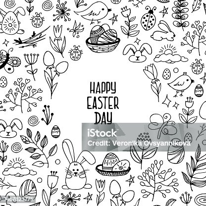istock Vector hand drawn background. Easter pictures in doodle style. Line art illustrations for greeting card design, for design of a poster, banner, print. 1467823775