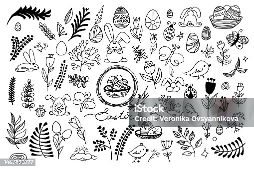 istock Vector hand drawn background. Set Easter pictures in doodle style. Line art illustrations for greeting card design, for design of a poster, banner, print. 1467823777