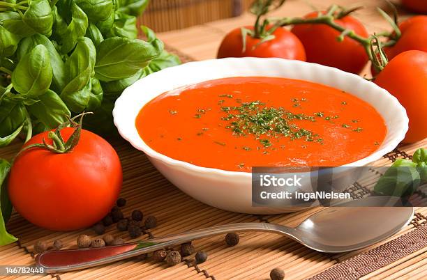 Tomato Soup Stock Photo - Download Image Now - Tomato Soup, Soup, Basil