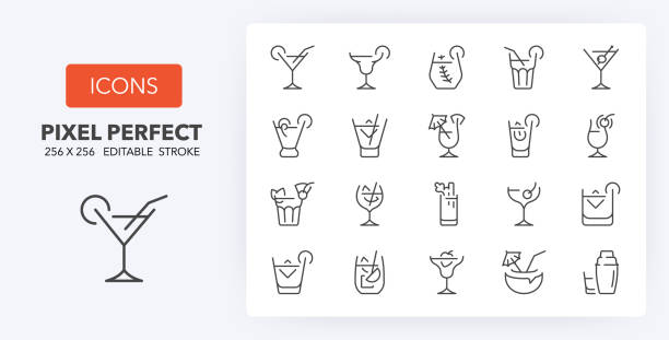 cocktails line icons 256 x 256 Classic alcoholic cocktails and cocktail glasses thin line icon set. Outline symbol collection. Editable vector stroke. 256x256 Pixel Perfect scalable to 128px, 64px... cocktail stock illustrations