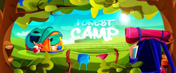 Vector illustration of Camping and tourism concept in cartoon style. A backpack with provisions and a tourist tent against the backdrop of a summer sunny landscape with space for text.