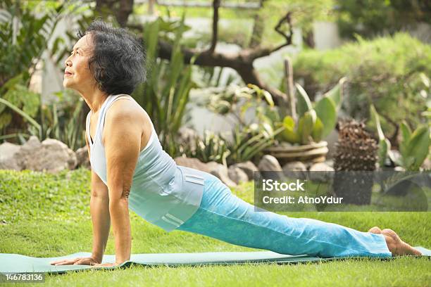 Senior Old Woman Doing Yoga In Park Stock Photo - Download Image Now - Asian and Indian Ethnicities, Senior Adult, Headstand