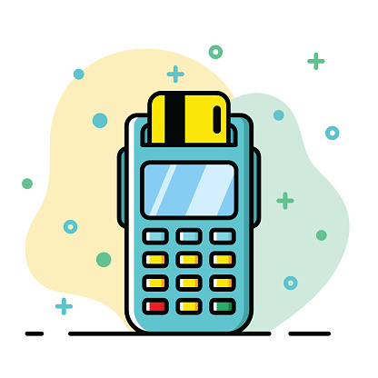 Vector illustration of a credit card reader against a white background in line art style.