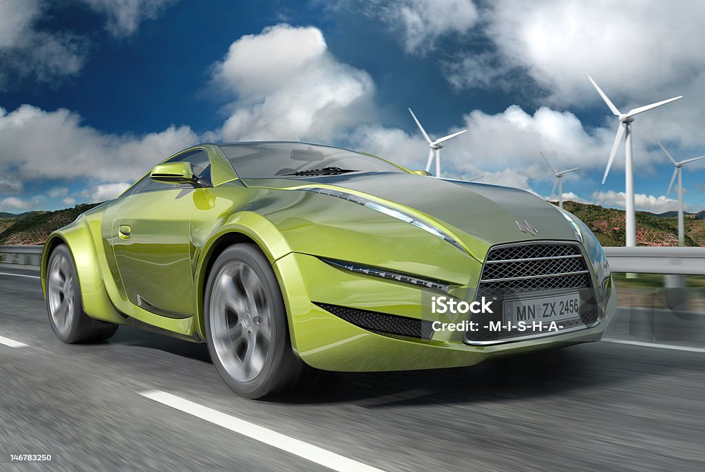 Image of lime green sports car on a cloudy day My own car design. Logo on the car is fictitious. Driving Stock Photo