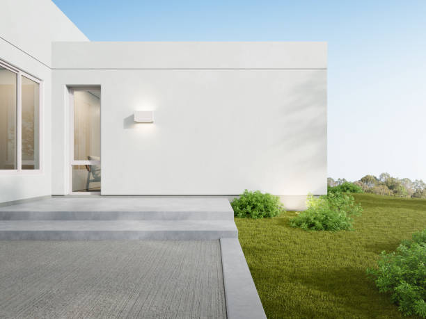 istock 3d rendering of modern building entrance with large white wall. Minimal architecture. 1467833702