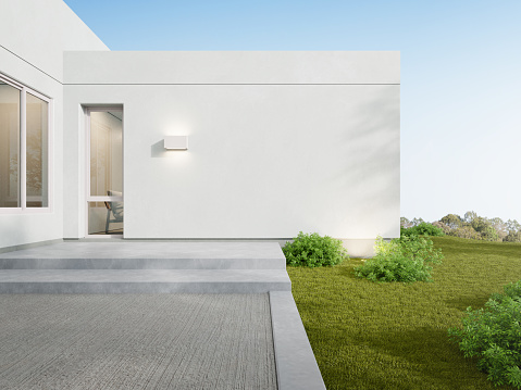 3d rendering of modern building entrance with large white wall. Minimal architecture.