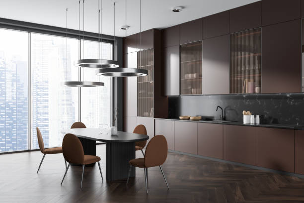 istock Brown kitchen interior with eating and cooking corner near panoramic window 1467834725