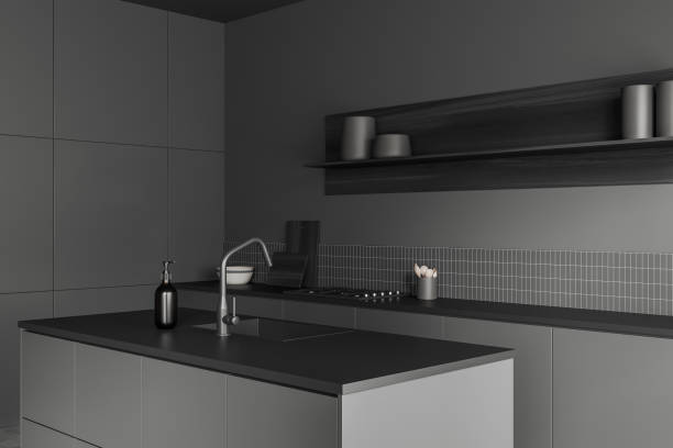 istock Grey kitchen interior with bar countertop, stove and kitchenware 1467836129