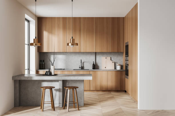 istock Light kitchen interior with bar countertop and seats, cooking zone 1467836736