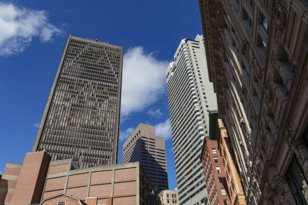 BOSTON, MA, USA - FEBRUARY, 28, 2020: Colourful budings of financial district and streets stock photo