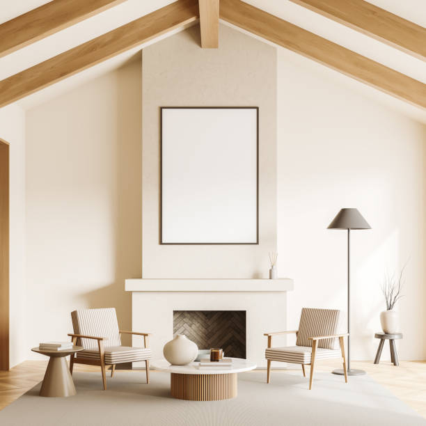 istock Light relax interior with chairs and fireplace with coffee table. Mockup frame 1467837489