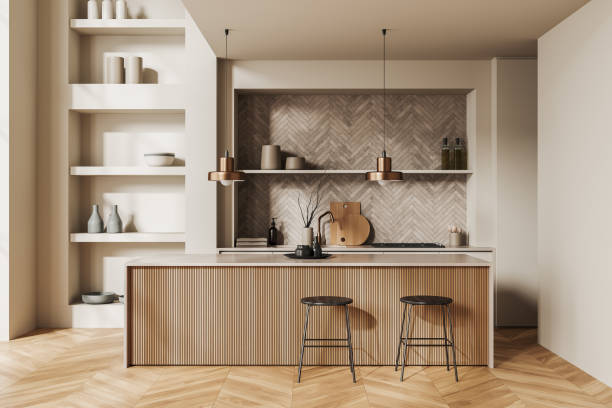 istock Light kitchen interior with bar countertop and cooking zone with decoration 1467837608