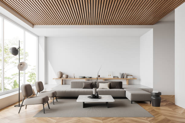 istock Light relaxing room interior with couch and decoration. Mockup empty wall 1467838109