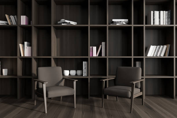 istock Front view on dark living room interior with two armchairs 1467838731