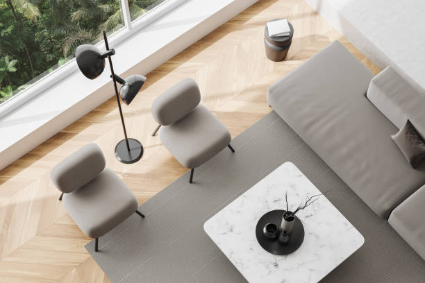 istock Top view of light chill interior with soft place, decoration and window 1467838766