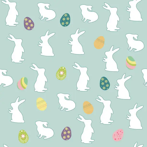 Vector illustration of Seamless pattern with Easter bunnies and eggs on a blue background