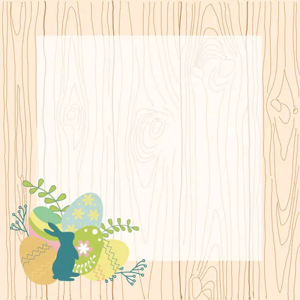 Vector illustration of Wooden background with Easter bunny, eggs and flowers. The concept of a spring holiday.