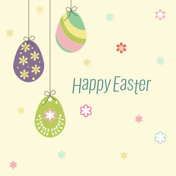 Vector illustration of Easter card with eggs and the inscription of Happy Easter on a beige background.