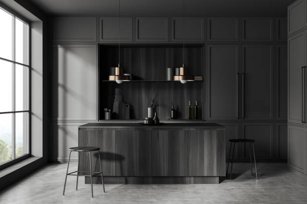 istock Grey kitchen interior with bar countertop and shelves with panoramic window 1467839140