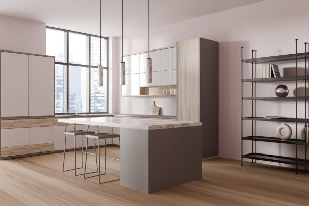 istock Light kitchen interior with bar countertop and decoration, panoramic window 1467839502
