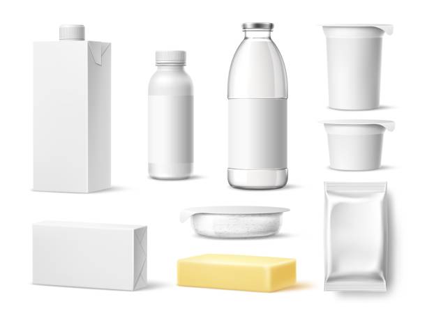 istock Realistic milk products. Dairy food and drinks. Different blank white packaging plastic, glass and cardboard, yogurt, butter and cottage cheese, 3d isolated elements, utter vector mockup set 1467841204