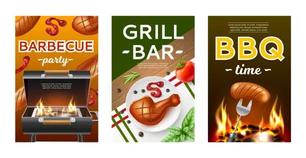 Vector illustration of Bbq grill cards. Roast outdoor cooking posters, fried meat with ketchup, open flame and embers, barbeque picnic preparing, party invitation and advertising banner, 3d isolated utter vector set