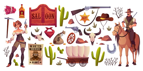 Wild west elements. Cartoon western objects, cowboy accessories, horse rider and pretty girl with weapons, saloon doors, different guns and and weapons, sheriff star, tidy vector flat isolated set