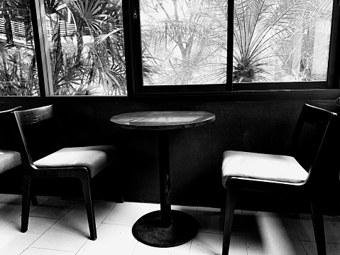 black and white , craft wooden table, chairs.
