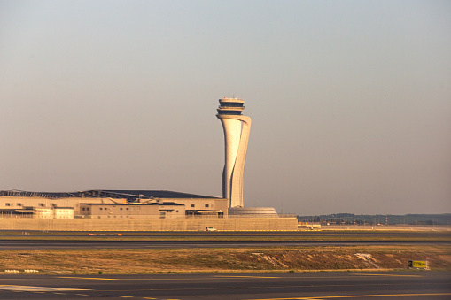 airport traffic control tower at new international airport of istanbul turkey