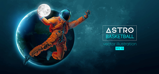 Basketball player astronaut in space action and Earth, Moon planets on the background of the space. Vector