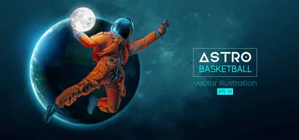 Vector illustration of Basketball player astronaut in space action and Earth, Moon planets on the background of the space. Vector illustration