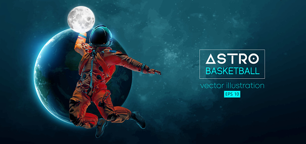 Basketball player astronaut in space action and Earth, Moon planets on the background of the space. Vector