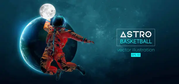 Vector illustration of Basketball player astronaut in space action and Earth, Moon planets on the background of the space. Vector illustration