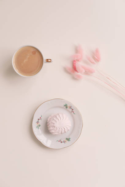 good morning banner. cup of coffee and homemade dessert zephyr. top view. food photography with copy space. a cup of coffee and an airy marshmallow. culinary background - 12014 imagens e fotografias de stock