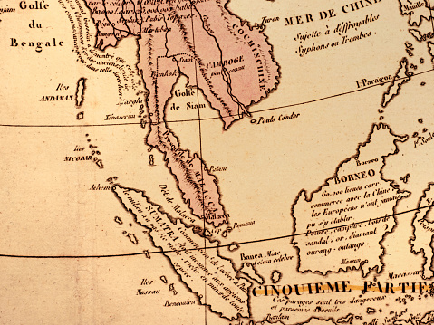 Selective focus close up of original vintage map of the undeveloped Miami region of South Florida. Old style cartography and drawing of the terrain relief. Map is from \