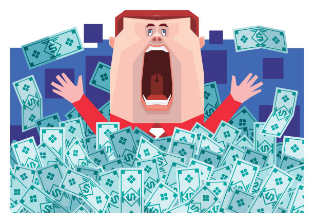 businessman covered by pile of money banknotes vector illustration of businessman covered by pile of money banknotes cartoon of rich man stock illustrations