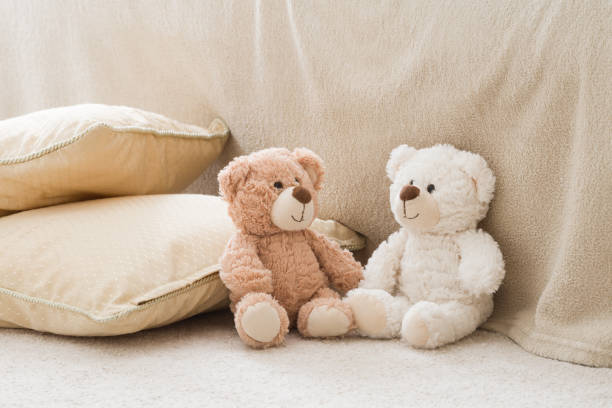 Two smiling white and brown teddy bears sitting on carpet at sofa and pillows at nursery room. Togetherness and friendship concept. Kids best friends. Closeup. stock photo