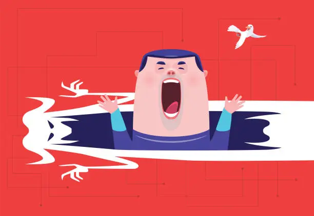 Vector illustration of businessman drowning in evil mouth on ground