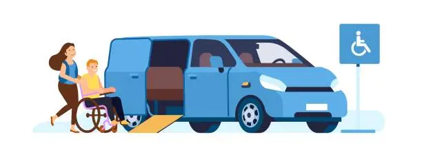 Vector illustration of Woman helps disabled person get into special transportation. Paralyzed man in wheelchair. Inclusive accessibility. Handicapped people mobility. Handicap boarding in van. Vector concept