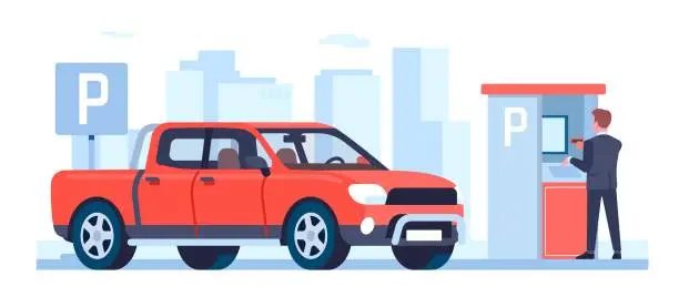 Vector illustration of Man pays for parking space with automatic machine. Transport traffic. Payment for garage access. Male drives automobile pickup. Auto park automation terminal. Car zone. Vector concept