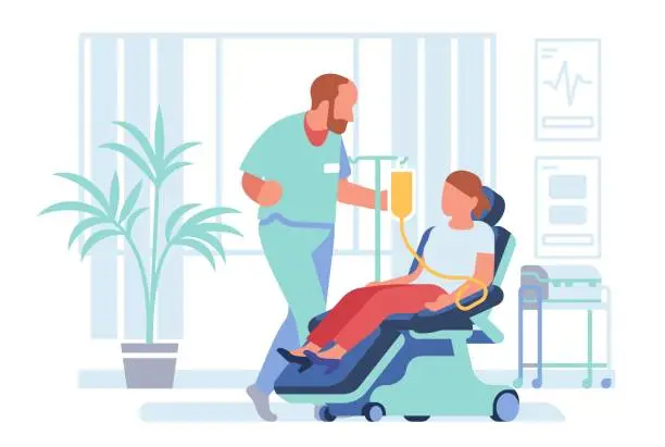 Vector illustration of Woman with cancer. Patient undergoing chemotherapy. Medical intravenous infusion. Female sitting in armchair with dropper. Oncology treatment. Person takes chemo therapy. Vector concept