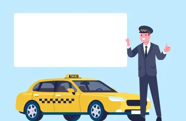 Vector illustration of Advertising banner for cab service. Driver showing blank placard. Taxi automobile. Chauffeur in uniform. Advertisement poster presentation. Empty board. Yellow vehicle. Vector concept