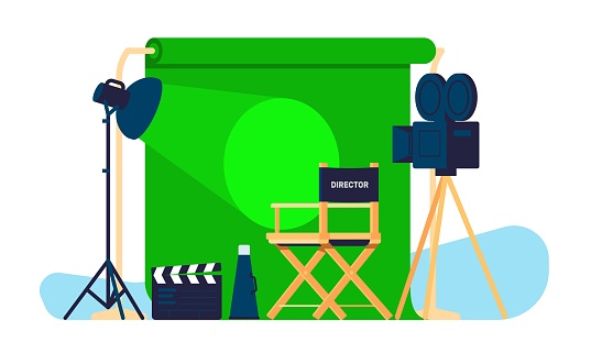 Film production. Professional cinema recording equipment. Producer loudspeaker and movie clapboard. Director's chair. Video camera and spotlight. Cinematography industry. Vector filmmaking concept