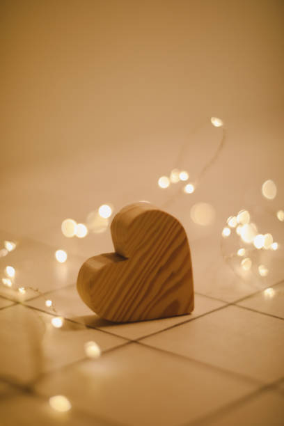 valentines day, wedding concept - wooden heart by defocused blurred lights - 13448 imagens e fotografias de stock